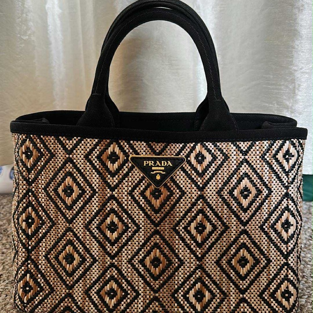 Prada Black and Tan Diamond Pattern Tote